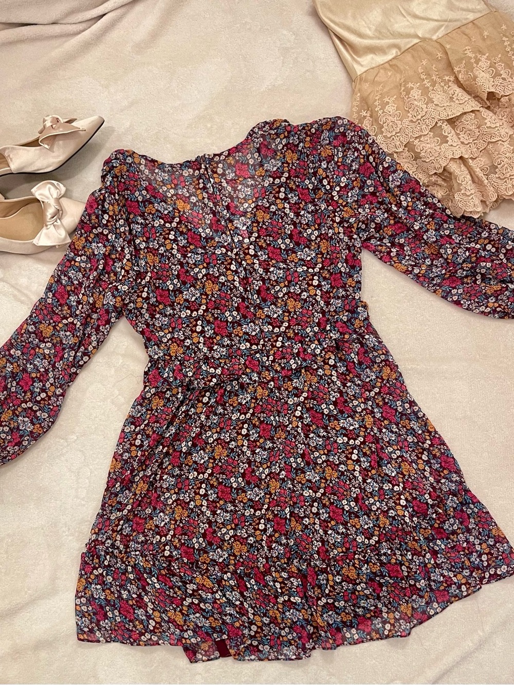Floral Long Sleeve Tiered Mini Dress - Multicolor - Picture 3 of 5